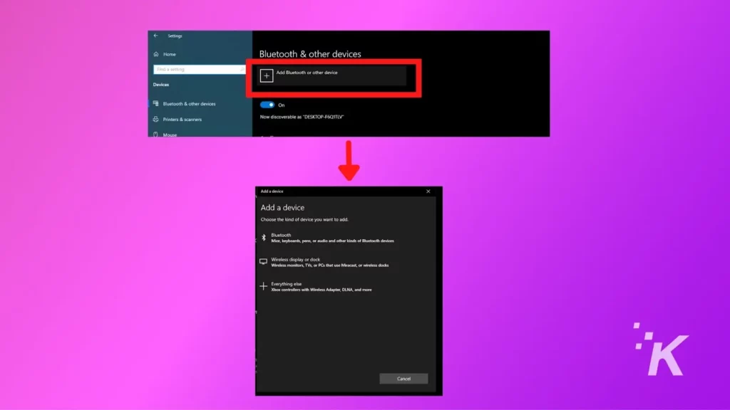 Windows 10 add bluetooth device screenshot on a purple background