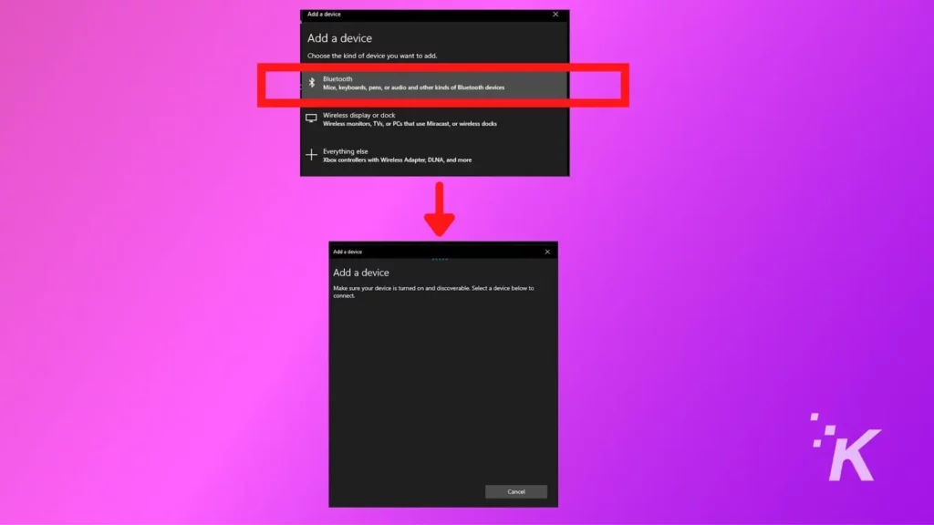 Windows 10 bluetooth menu on purple background