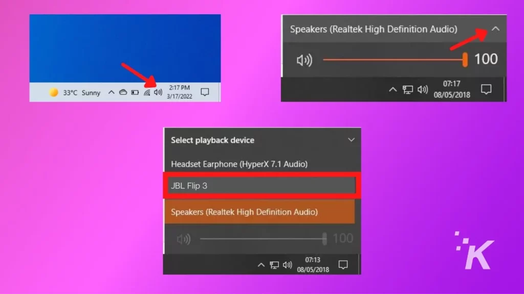 windows 10 bluetooth speaker settings screenshot on a purple background