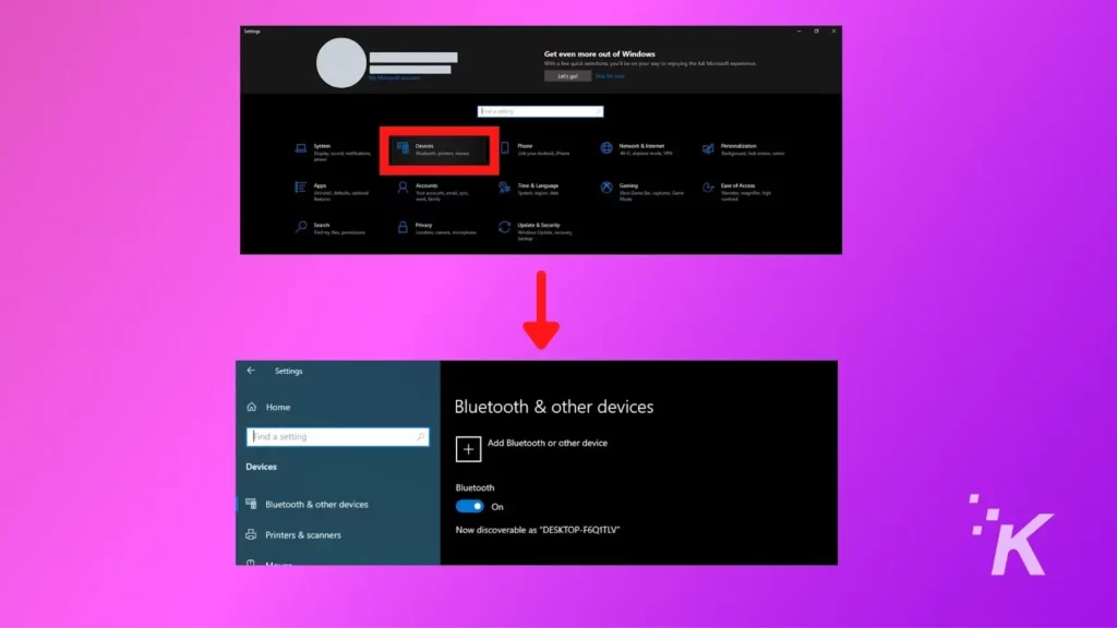 windows 10 bluetooth settings menu screenshot on a purple background