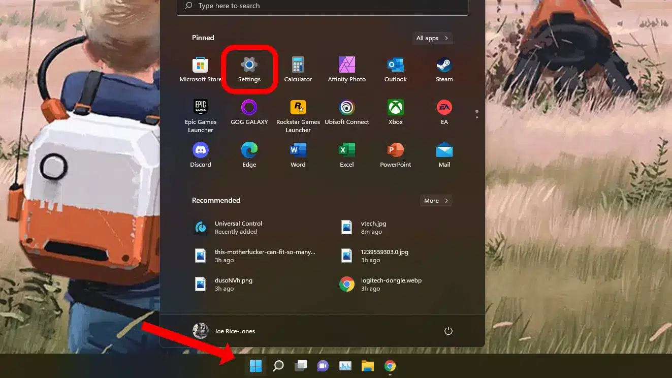 screenshot of windows 11 desktop showing the settings app on the start menu