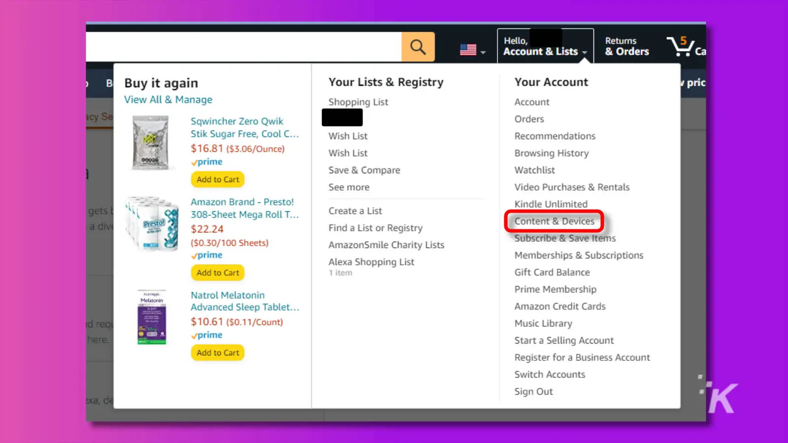 screenshot of amazon site showing the content and devices menu item