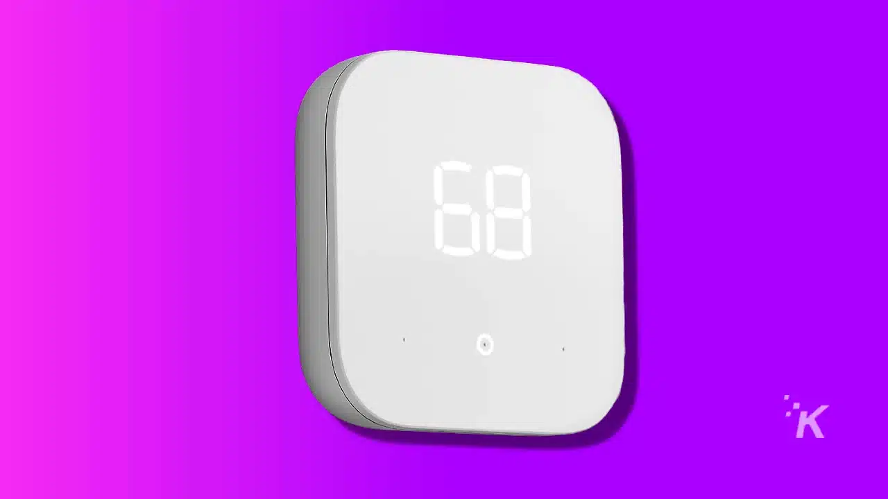 Image of an amazon smart thermostat on a purple background