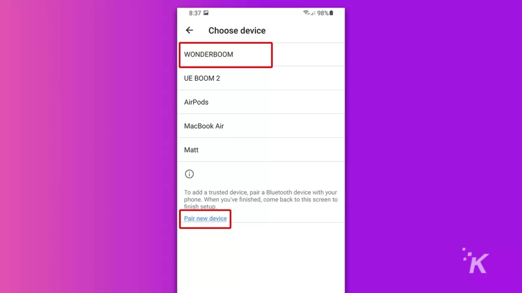 Choose device menu on samsung phone