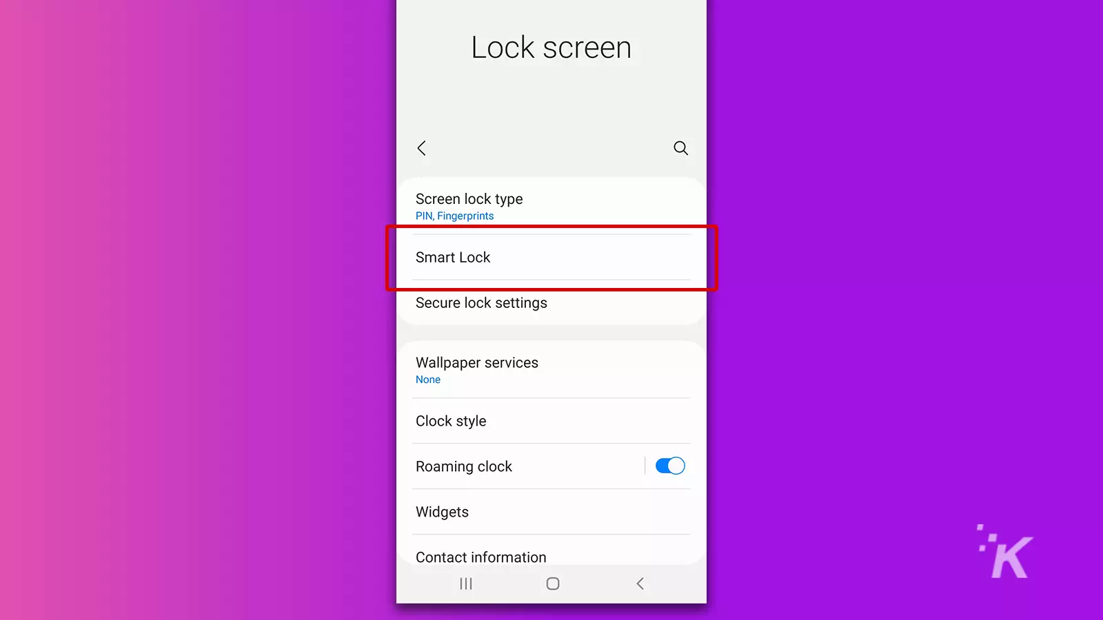 Android lock screen settings menu