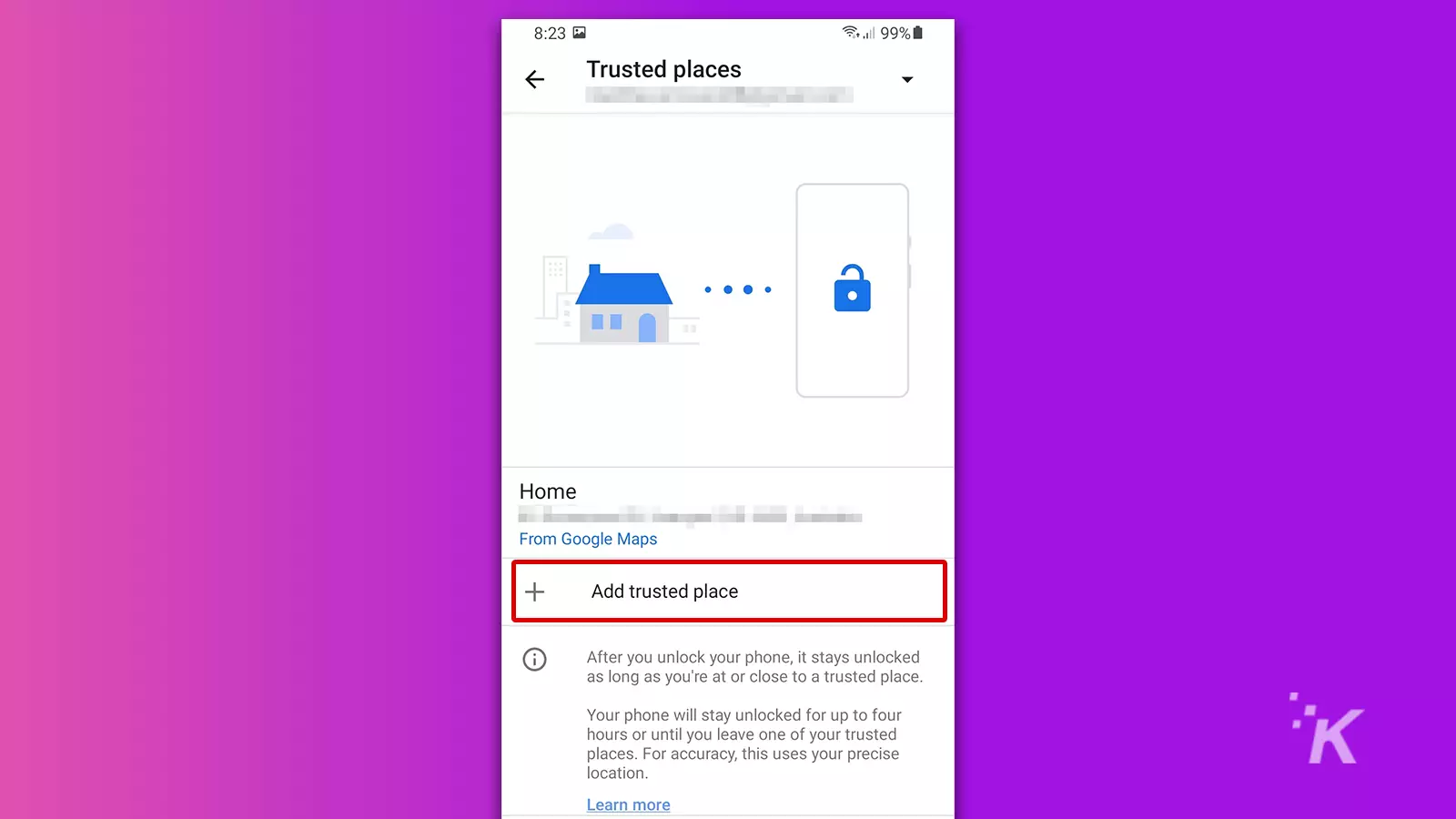 Trusted places setting option on samsung phone