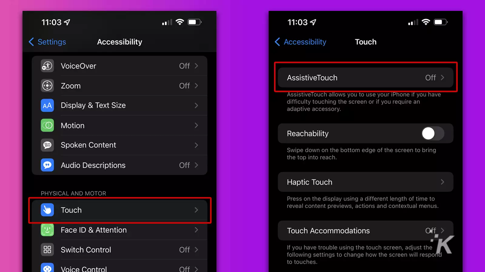 Accessibility menu on ios showing touch and assistivetouch