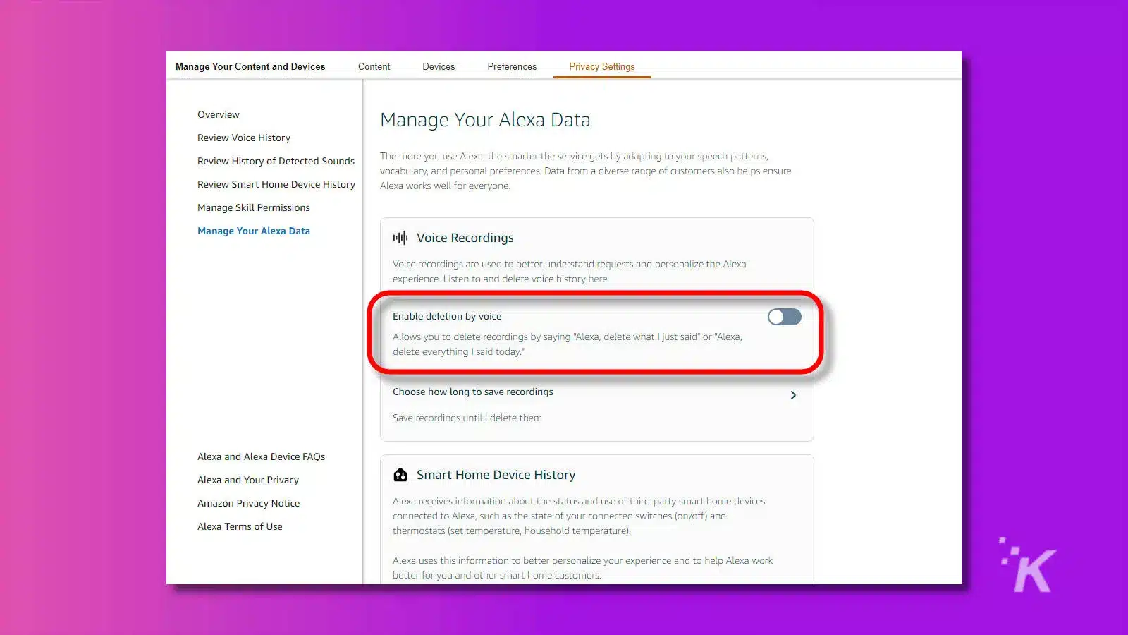 Screenshot of amazon alexa settings enabling the deletion of voice command recordings via voice commands