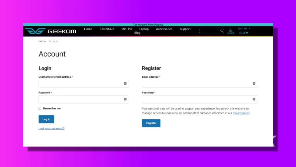 image of a geekom signup page