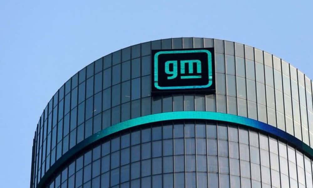 the new gm logo on the front of the general motors headquarters in detroit, michigan