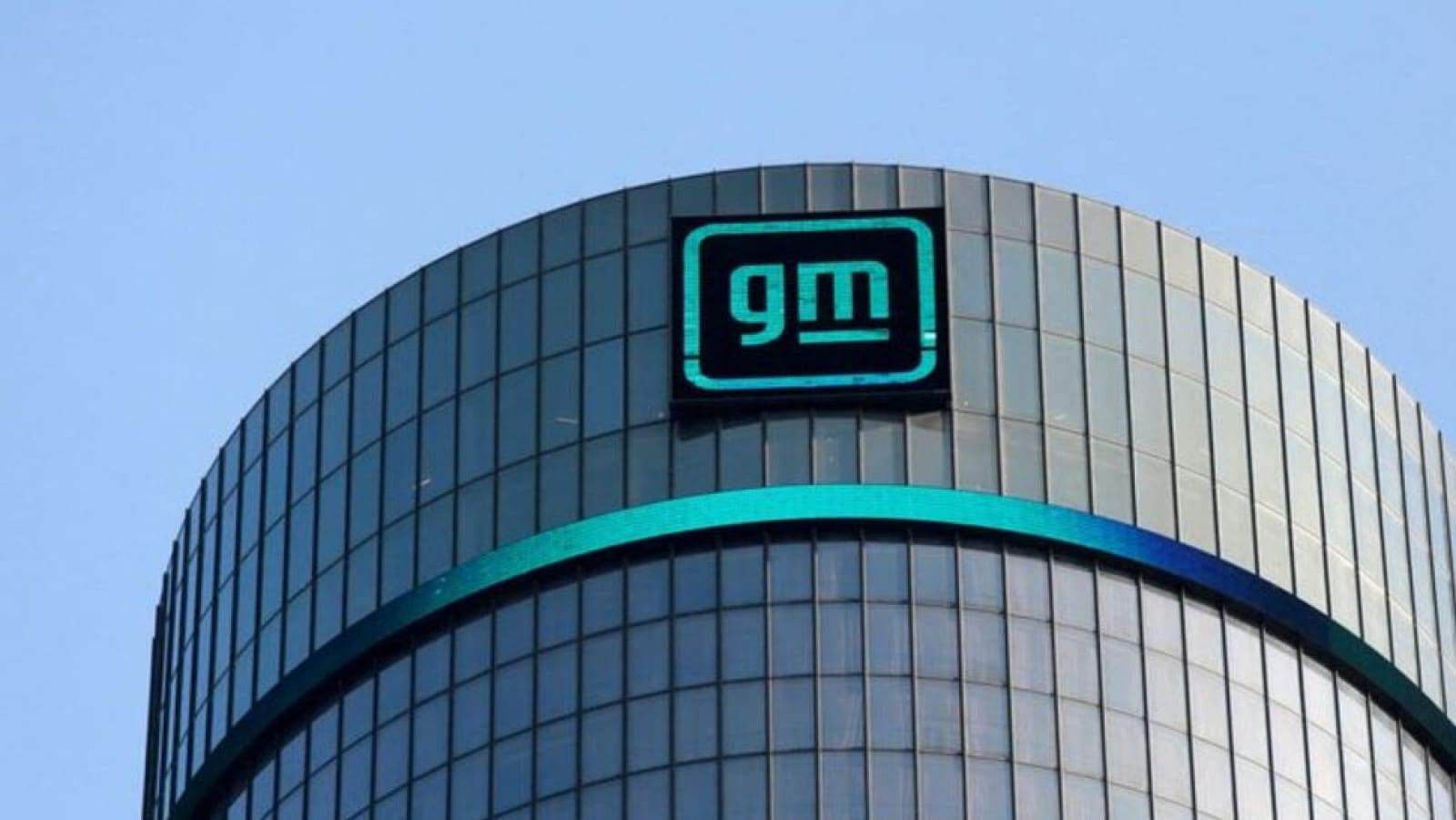 The new gm logo on the front of the general motors headquarters in detroit, michigan