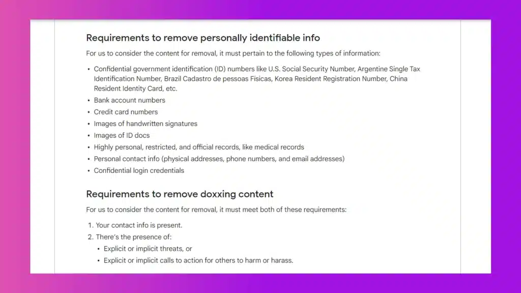 google search results removal requirements