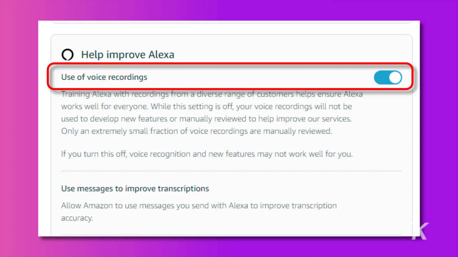 Screenshot of alexa settings to disable amazon using your voice recordings