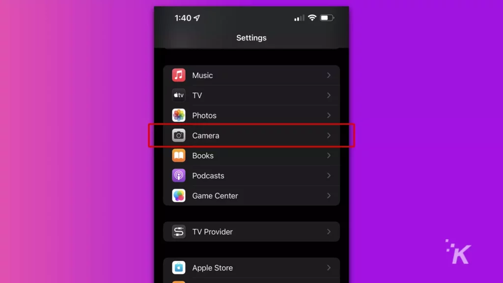 iphone settings menu showing camera option