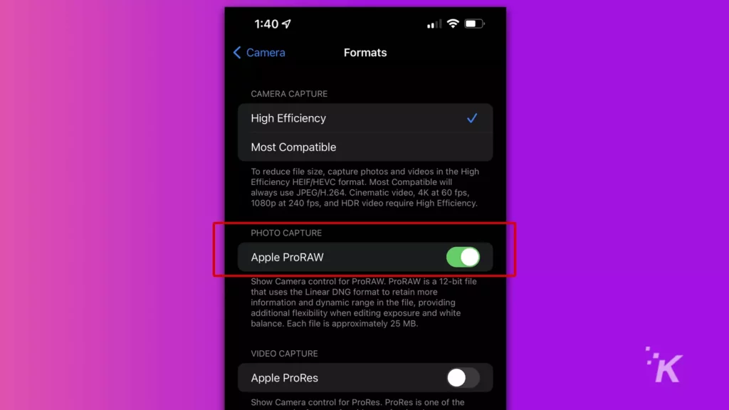 apple proraw format option in camera settings menu