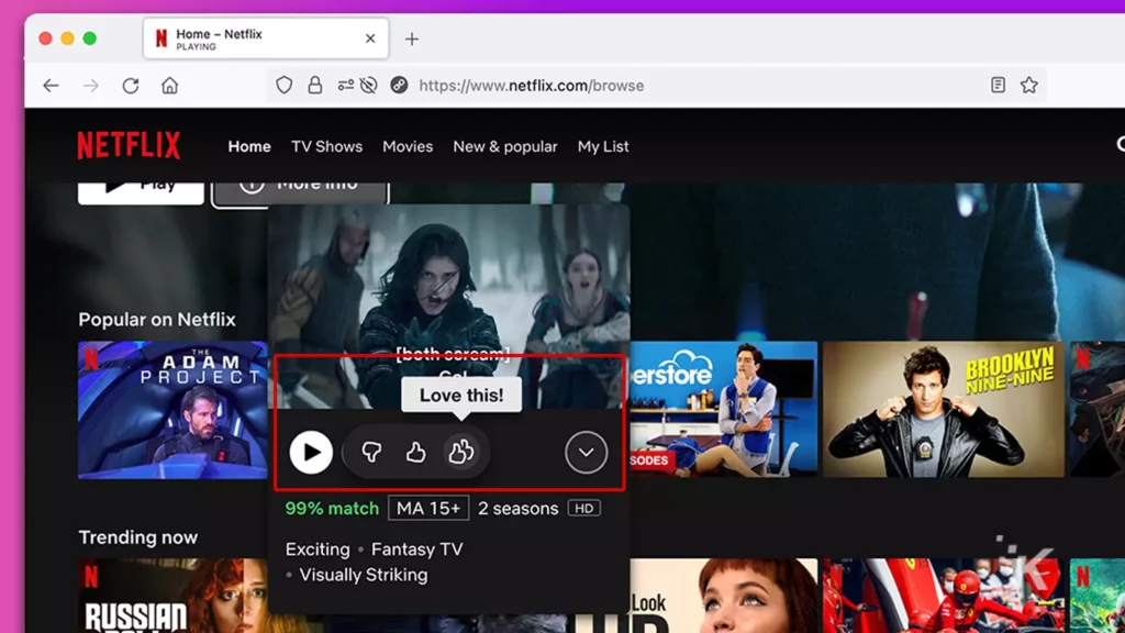 netflix double thumbs up icon on desktop