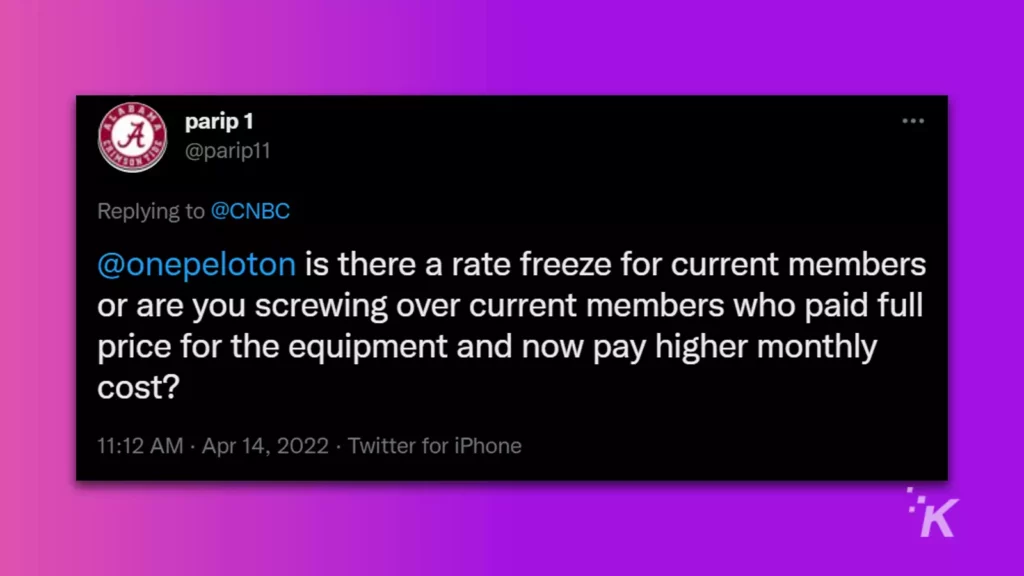 Tweet discussing peloton's sub price increase