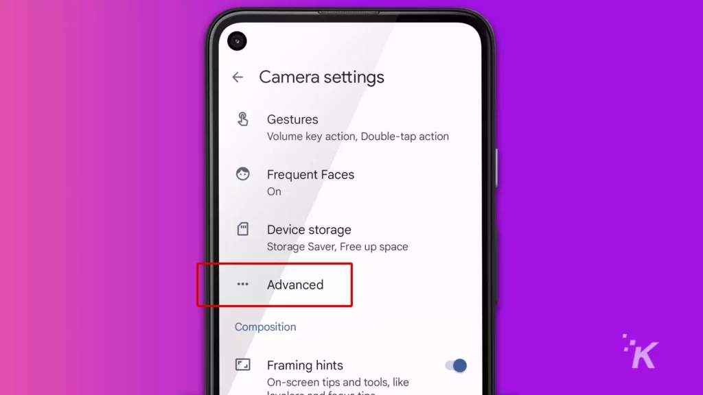 advanced camera settings on google phone