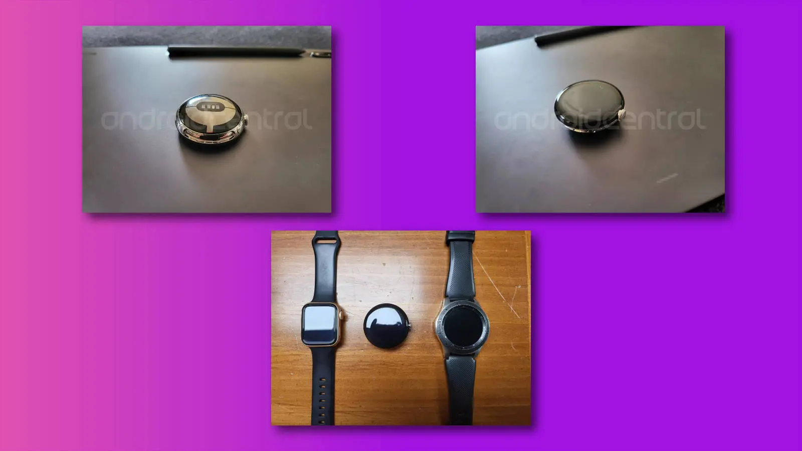 three images showing the pixel watch from different angles, plus a size comparison versus a 40mm apple watch and a 46mm galaxy watch