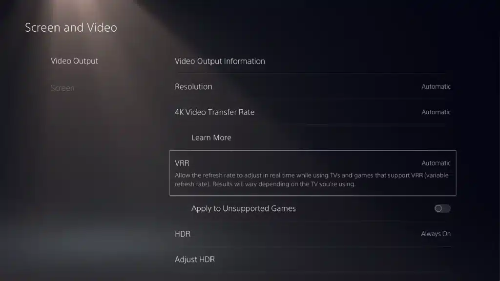 playstation 5 vrr toggle