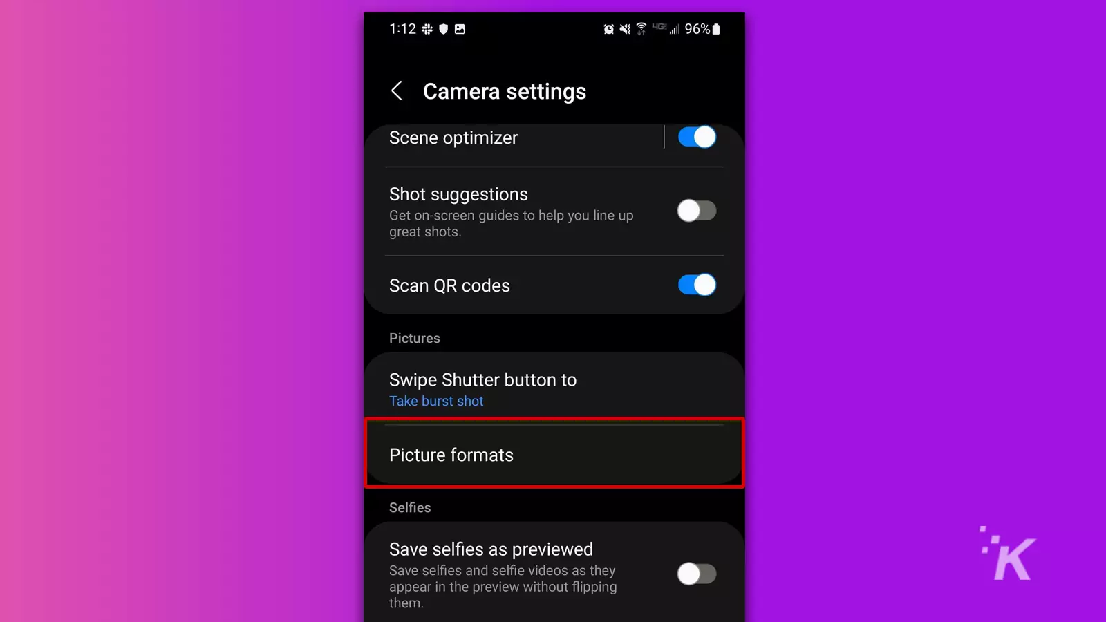 samsung camera settings page with picture mode, selfies, and more