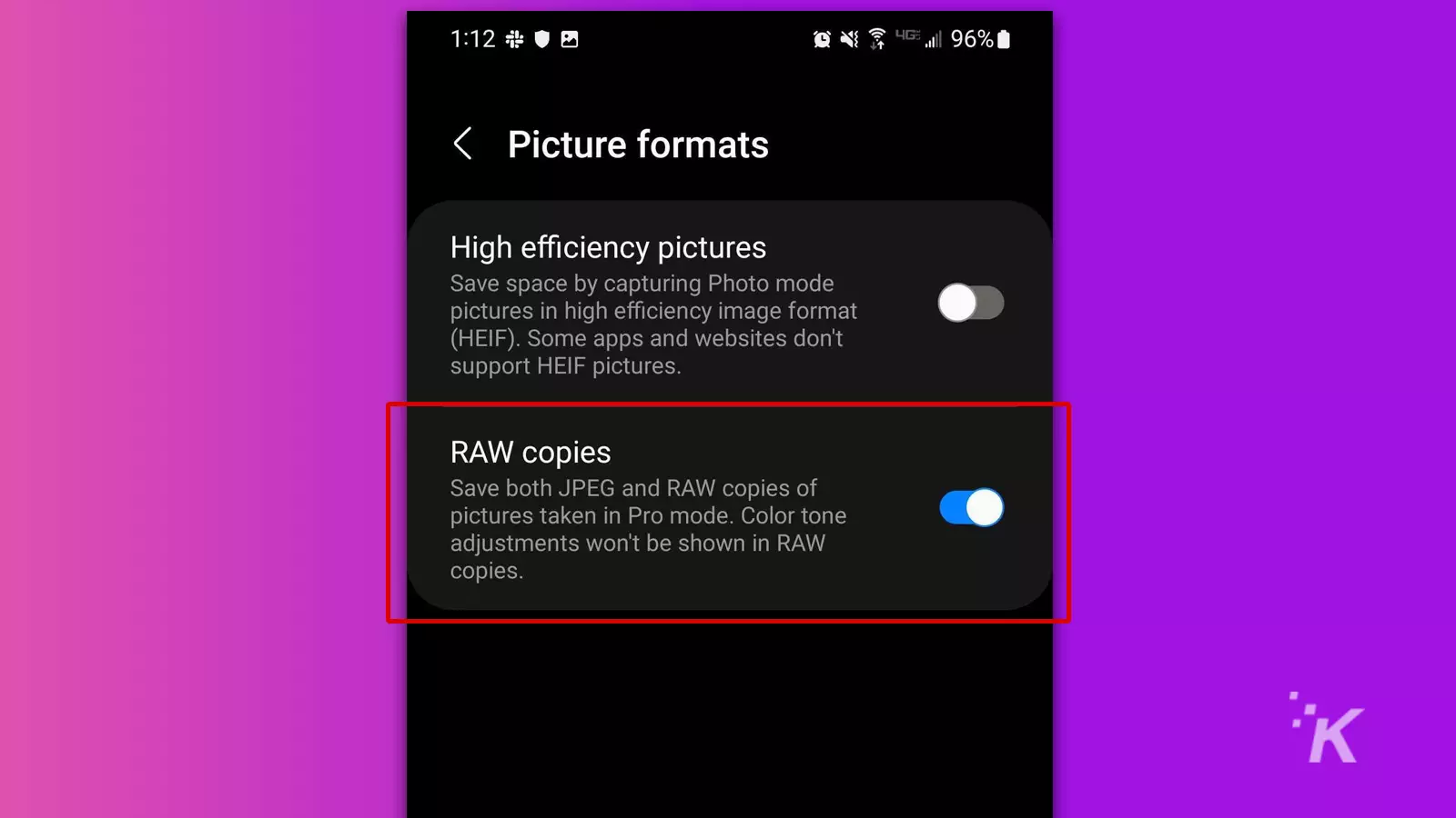 picture format camera settings on samsung smartphone