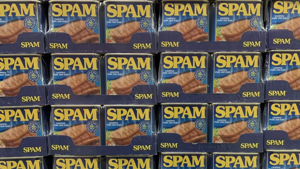 cans of spam on a shelf