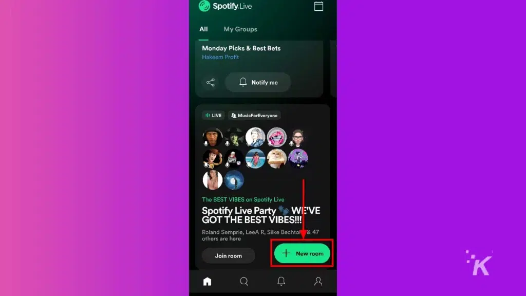 spotify live new room button