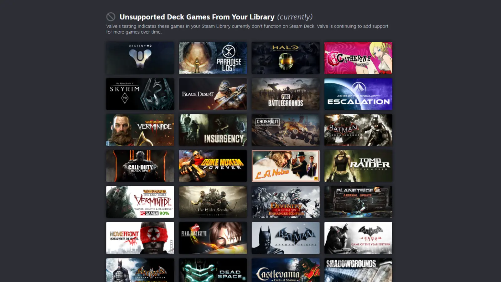 screenshot of the unsupported on steam deck section of my steam library