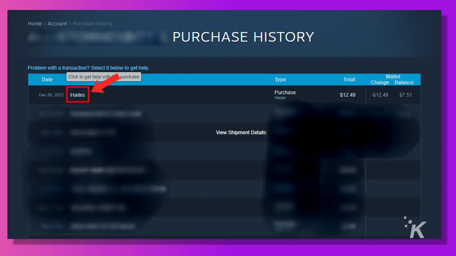 Steam support select game from purchase history