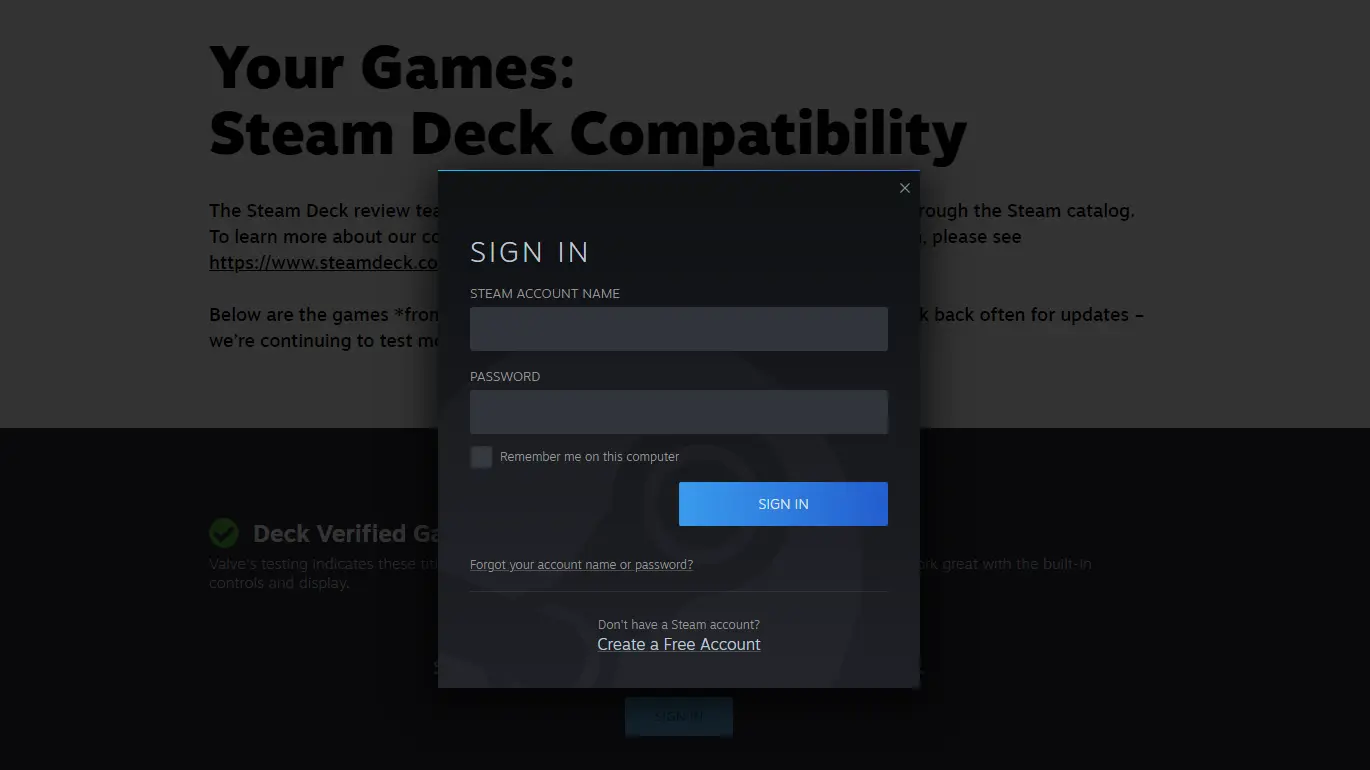 screenshot of steam sign-in prompt