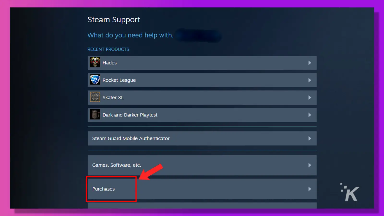 Steam support purchases button