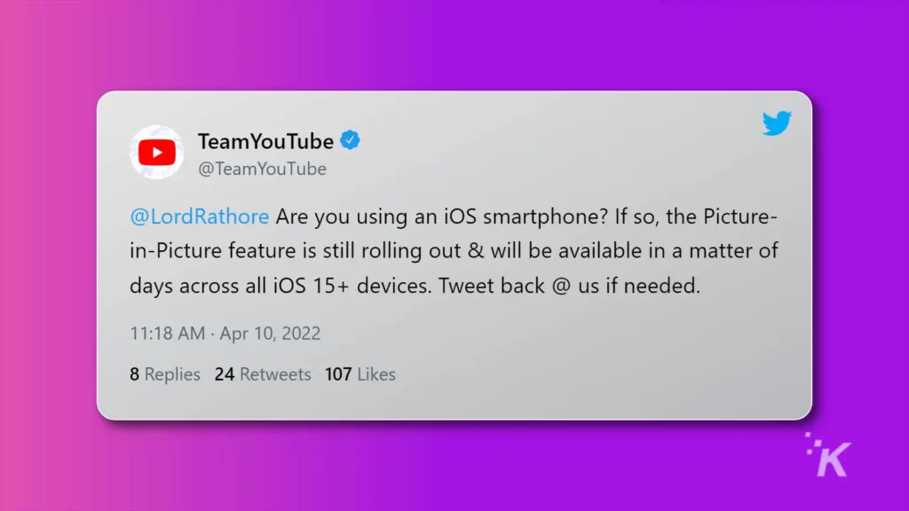 screenshot of tweet from team youtube