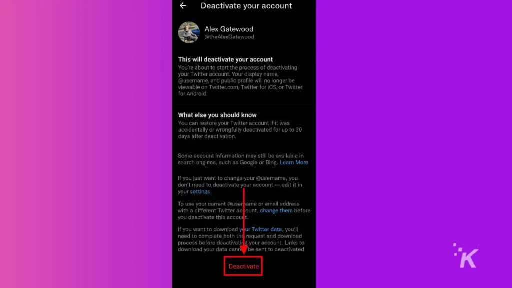 twitter android deactivate account page