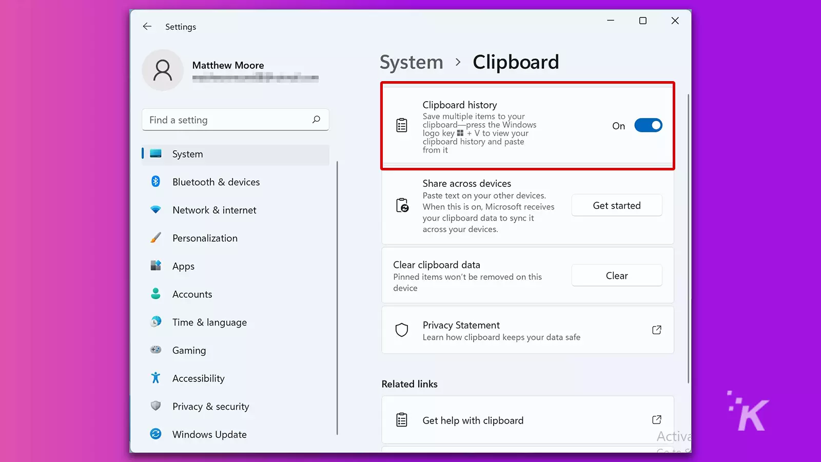 windows system clipboard settings