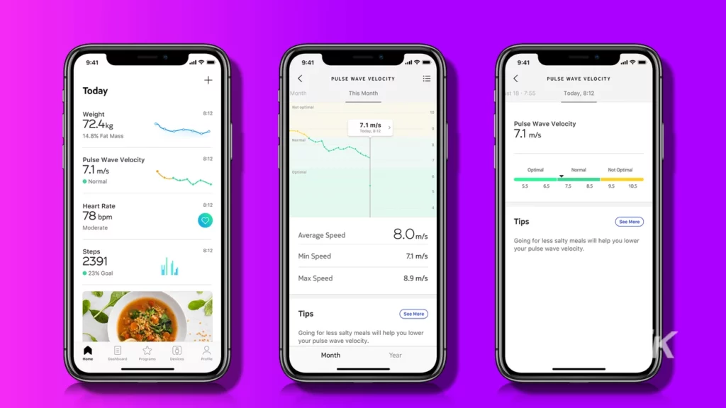 image of three iphones displaying withings body cardio scale pulse wave velocity, on a purple background
