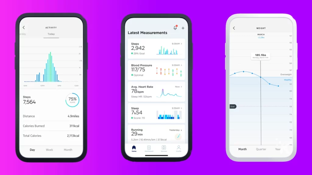 image of screenshots of withings smart health app