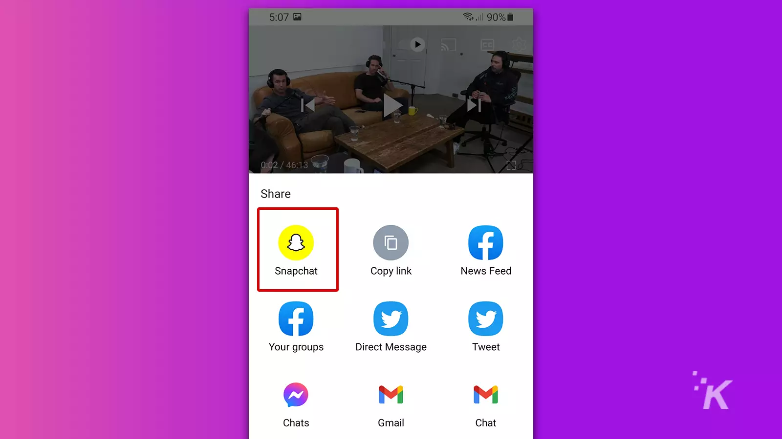 snapchat share option on youtube video