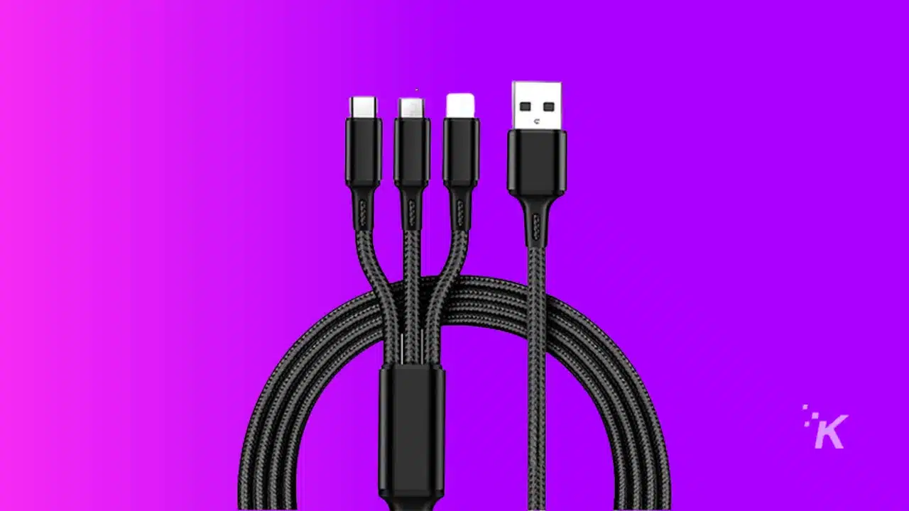 Image of a 3-in-1 charging cable on a purple background