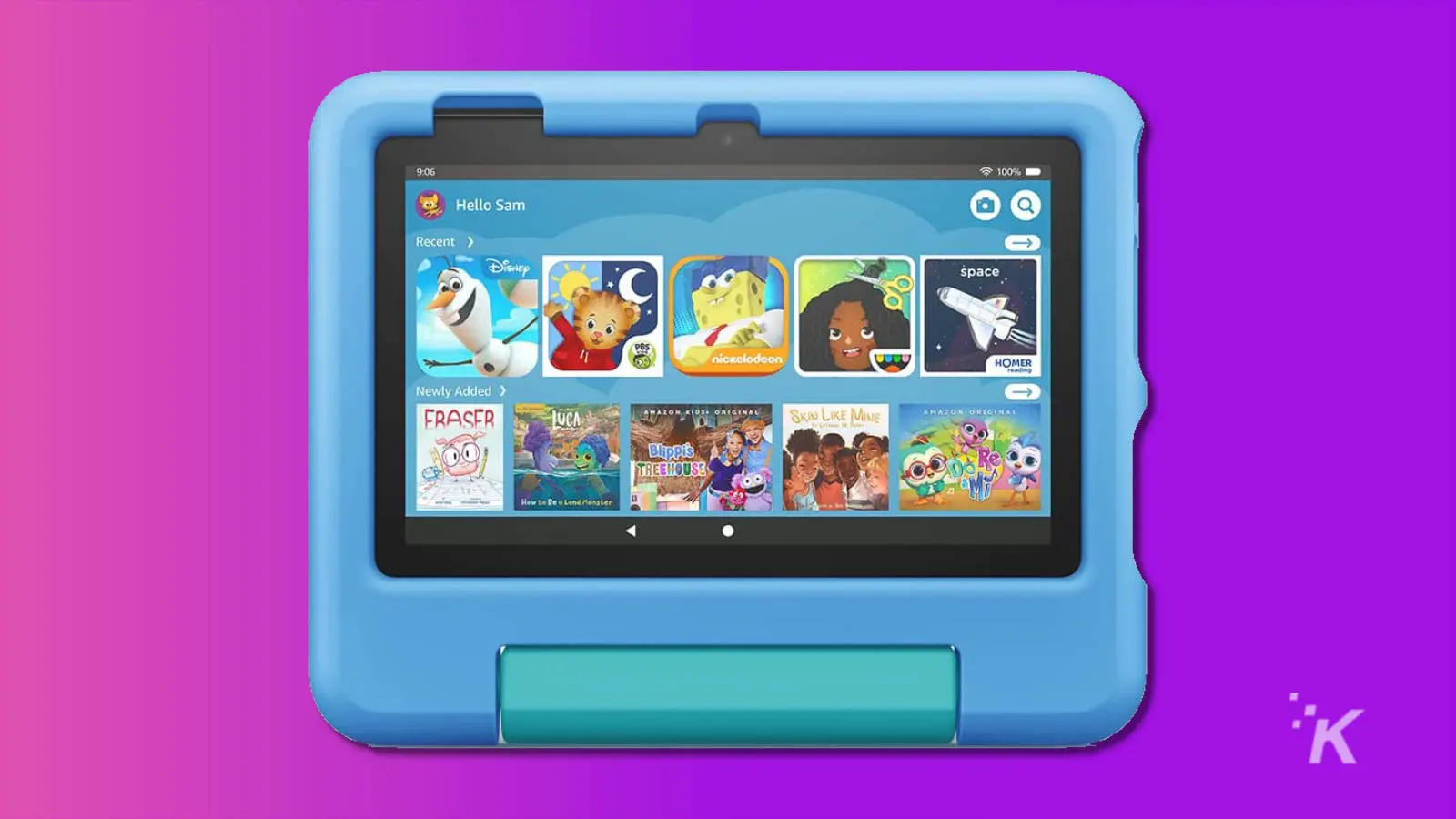 Amazon fire 7 kids edition tablet on a purple background