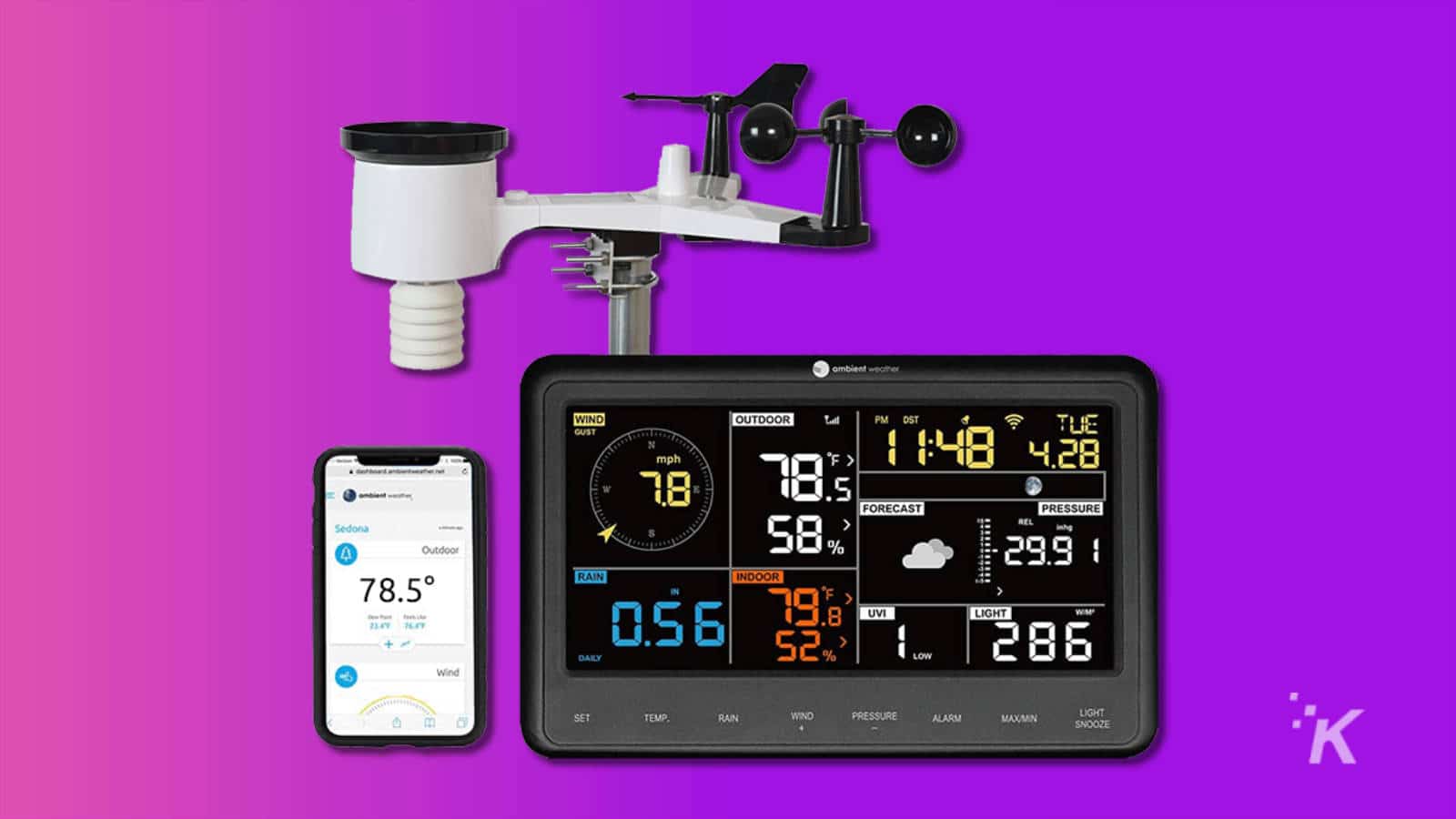 weather station and display on a purple background