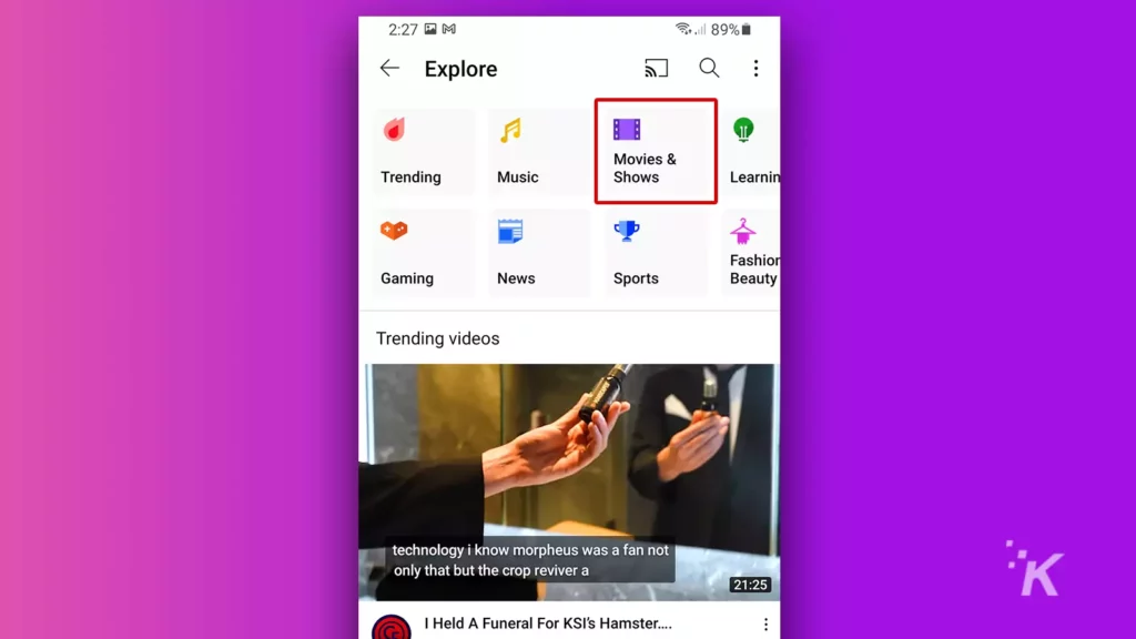 music and shows tab on android youtube app