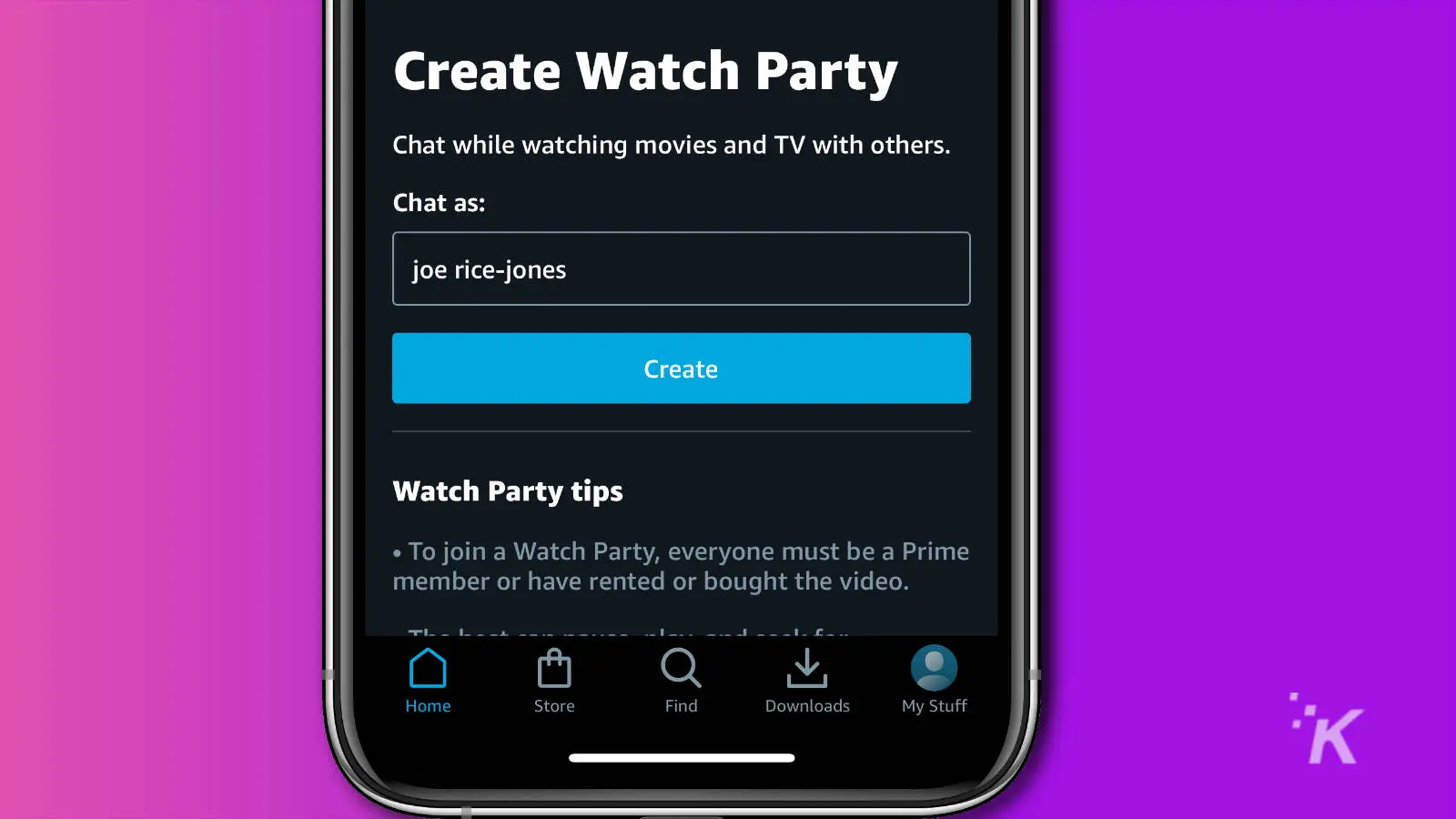 screenshot of creating a prime video watch party