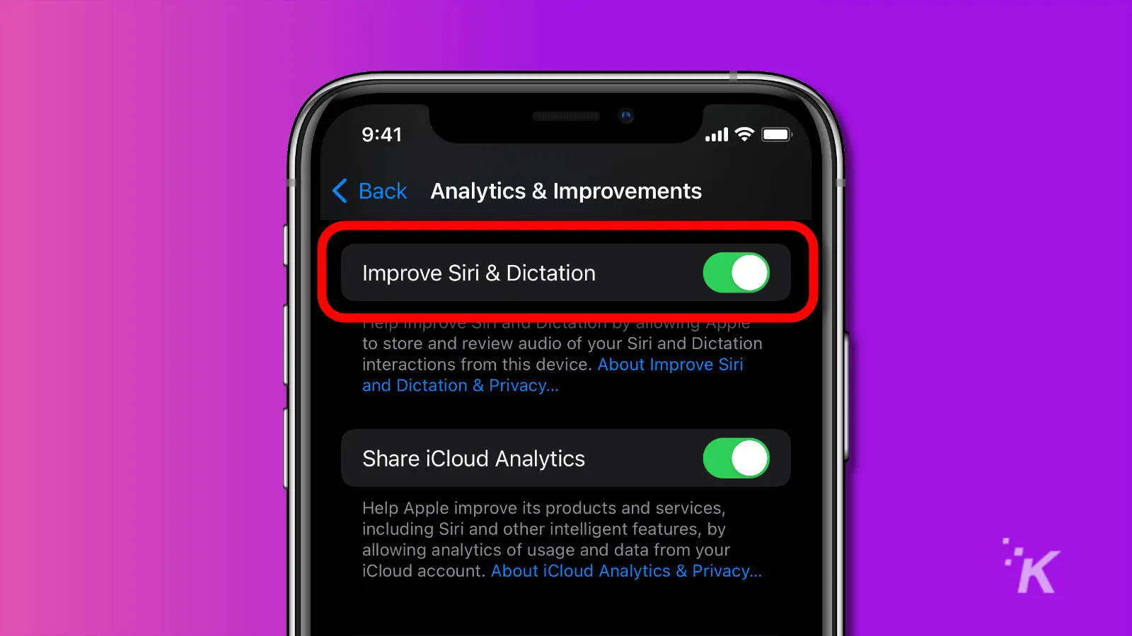 Screenshot of ios analytics and improvements menu showing the toggle to turn off siri recordings