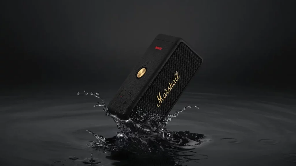 Marshall emberton 2 bluetooth speaker being dropped into water