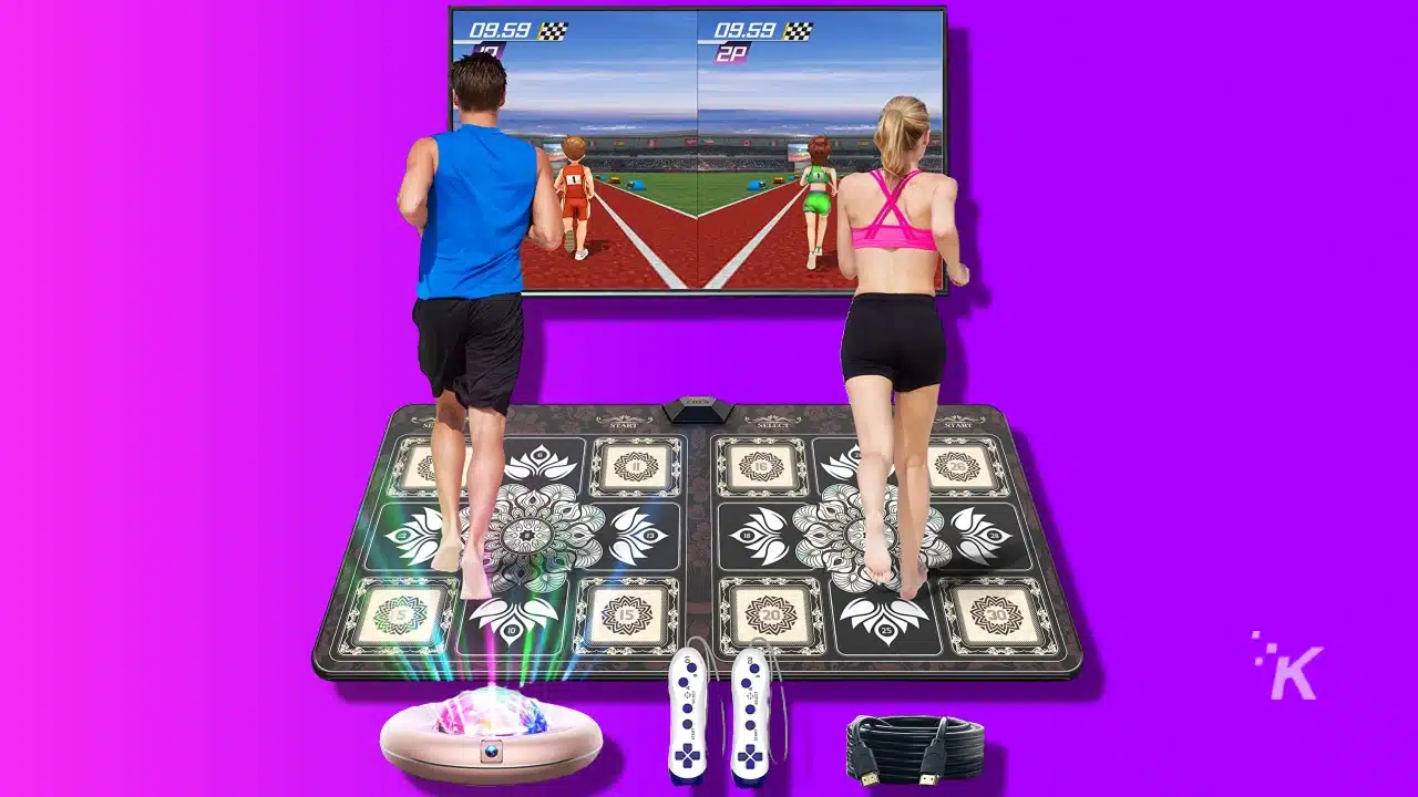 Image of two people running on a fwfx dance mat on purple background