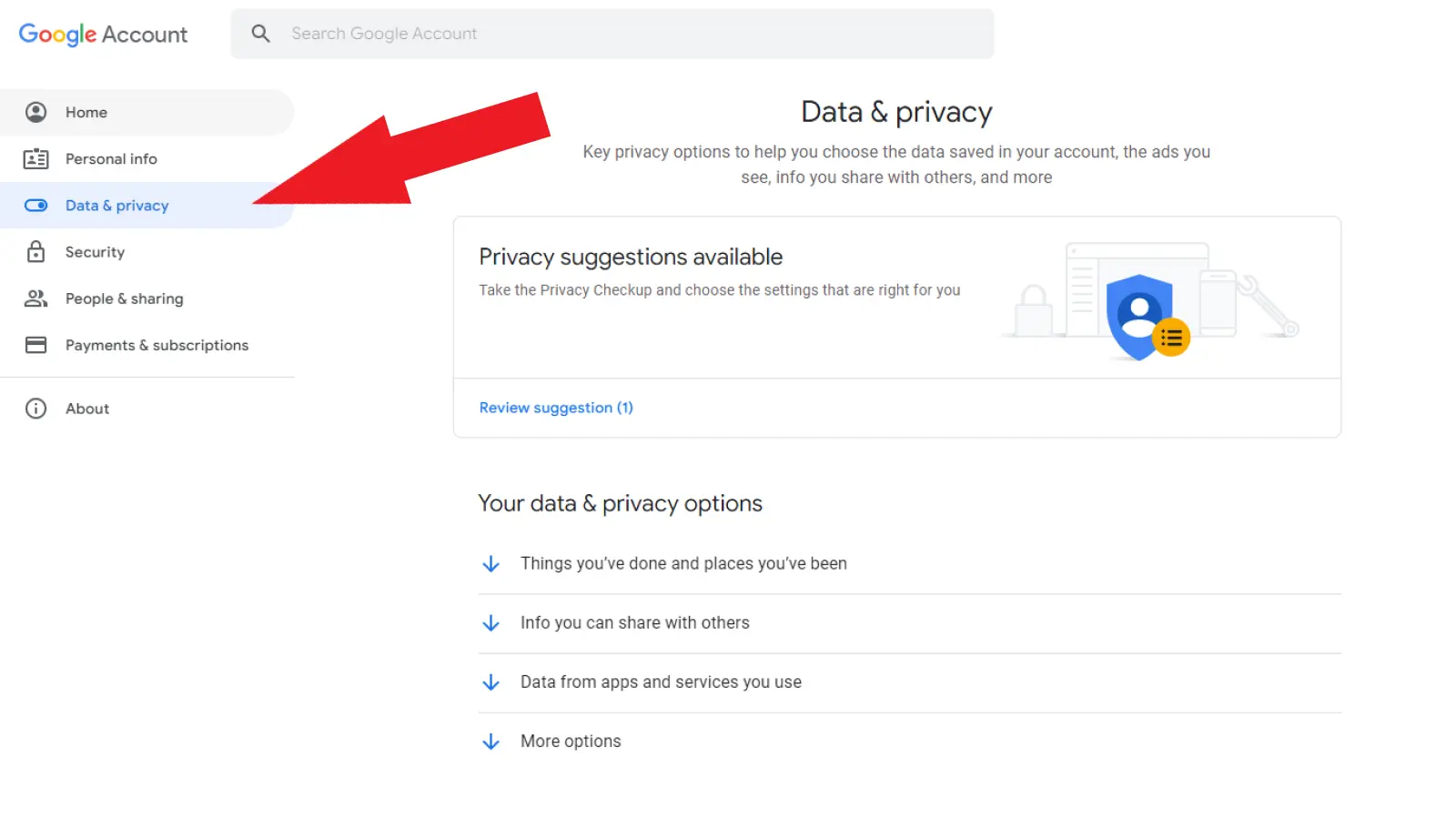 screenshot of google account options showing the data and privacy option