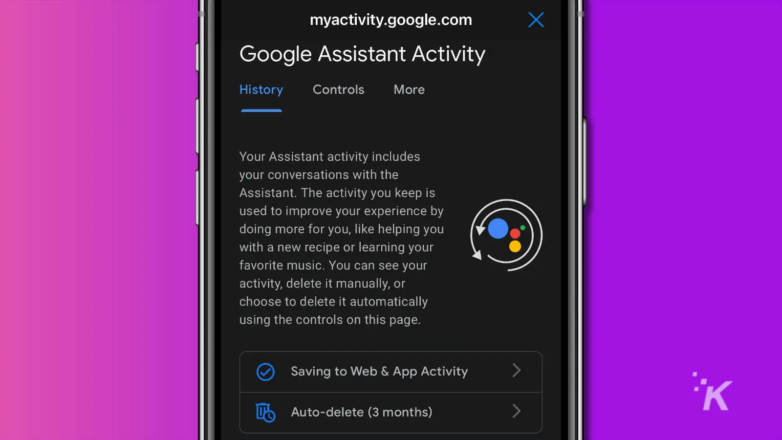 screenshot of google home app showing google assistant activity