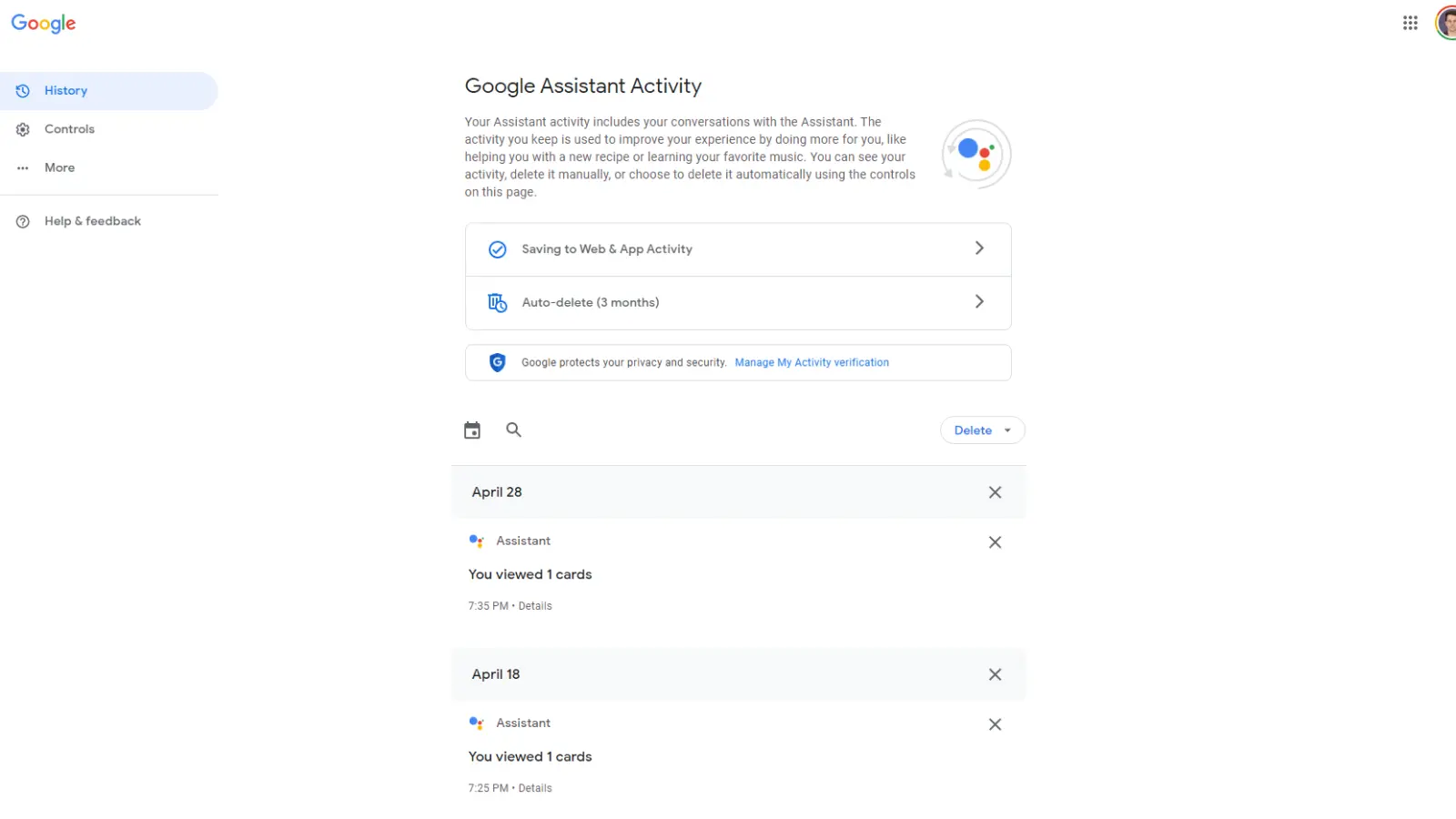 Screenshot of google assistant activity page