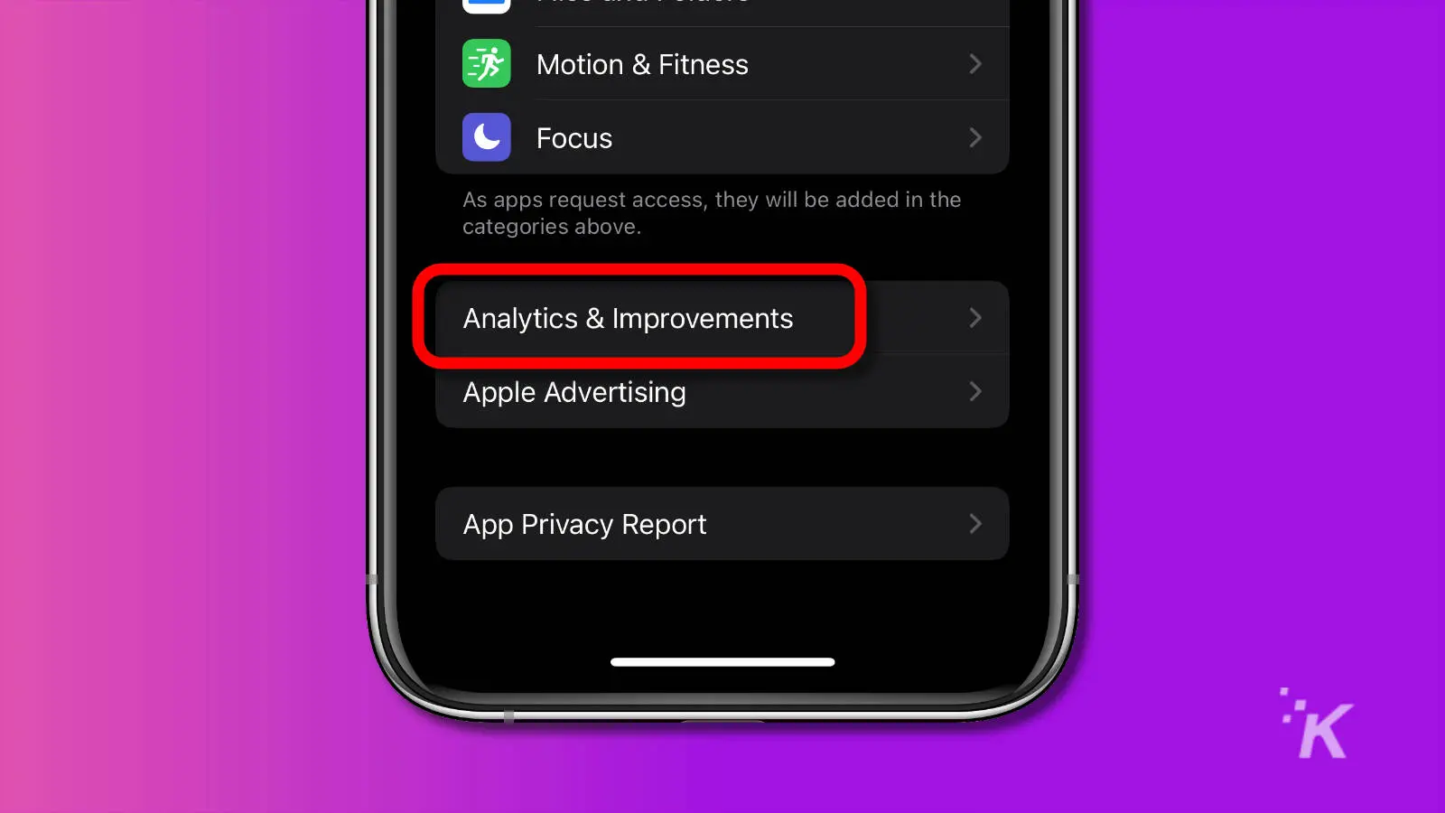 screenshot of ios privacy menu showing analytics and improvements link